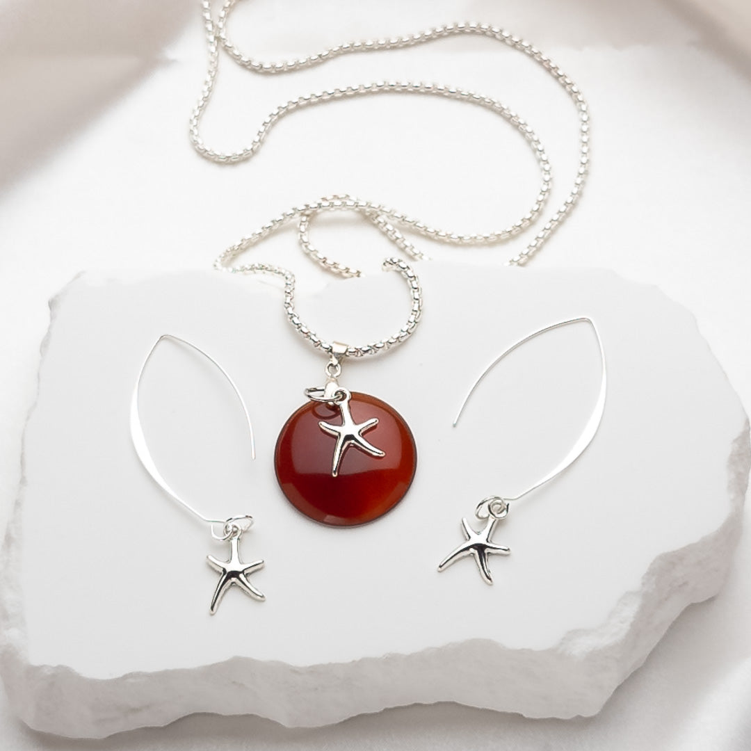 Red Amber and Starfish Necklace and earring set